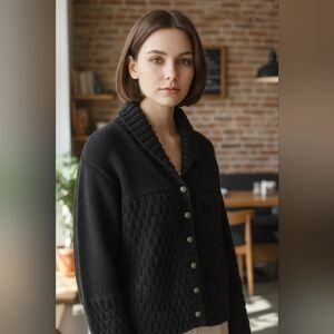 Textured Black Knit Cardigan with Metal Button Detail